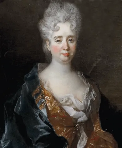 Portrait peint de Madame de Lambert, élégante dame du XVIIIe siècle, vêtue d'une robe dorée et d'un châle bleu.