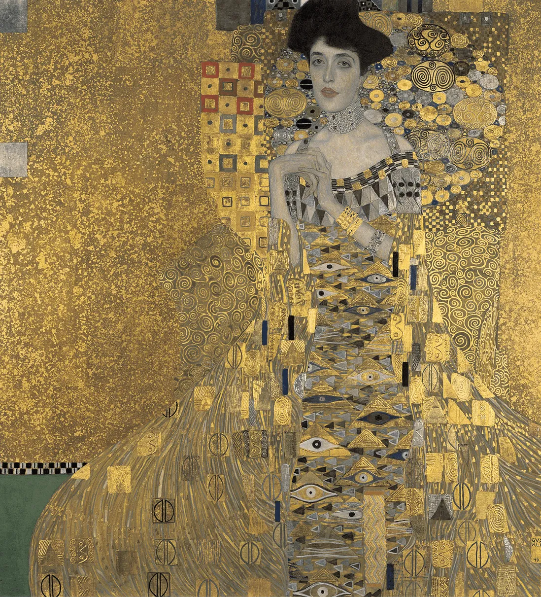 Peinture d'Adèle Bloch-Bauer par Gustav Klimt. Portrait féminin orné, robe dorée et motifs stylisés.