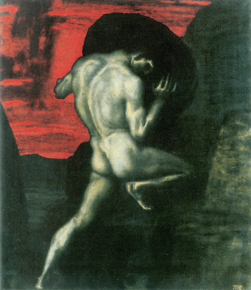 Peinture de Franz von Stuck, Sisyphe (1920), représentant un homme nu peinant à pousser un énorme rocher sous un ciel rouge sang.