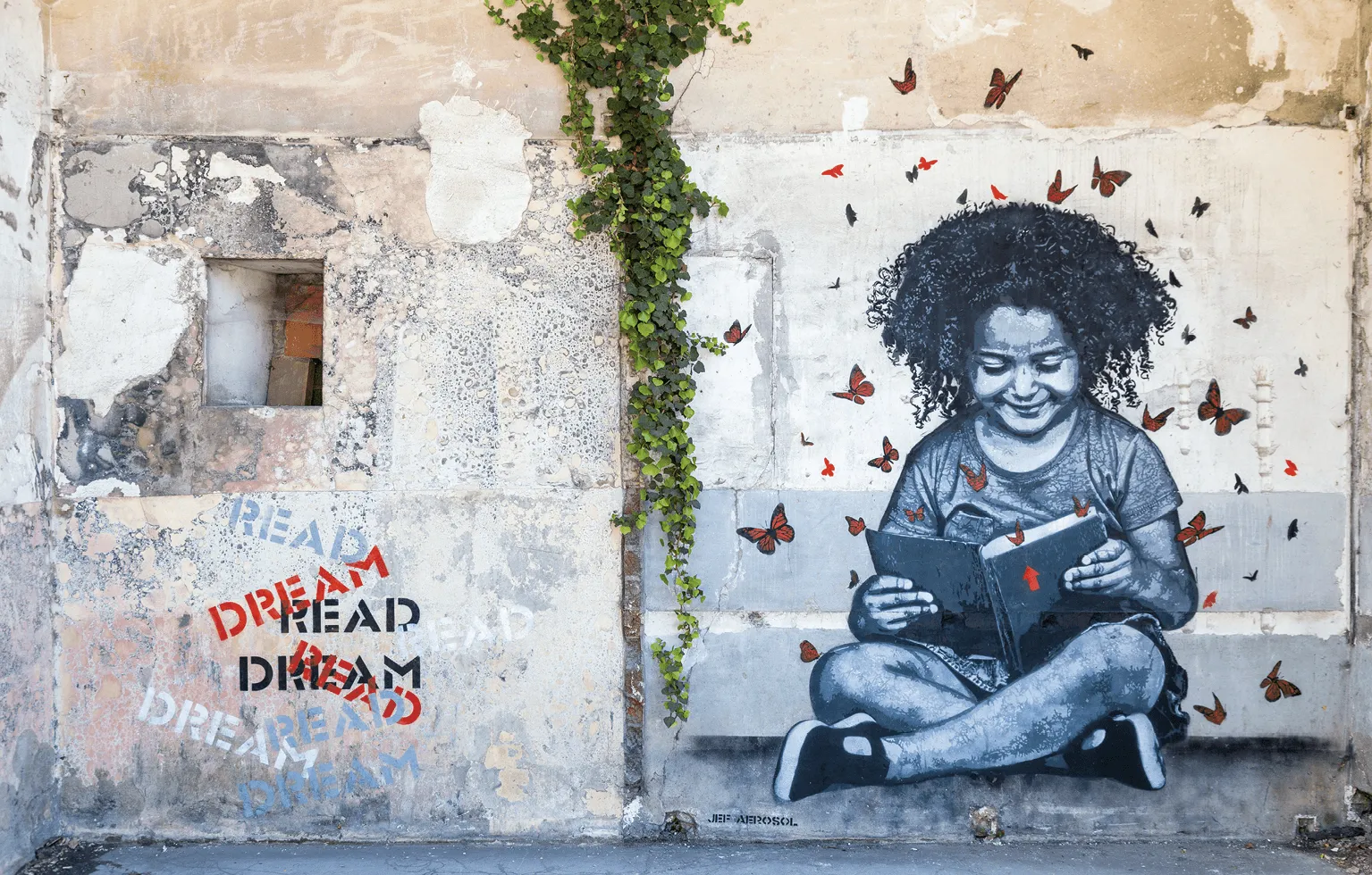 Graffiti mural représentant une fillette lisant un livre, entourée de papillons.  L'œuvre est peinte sur un mur dégradé avec des inscriptions 'Read Dream'. 