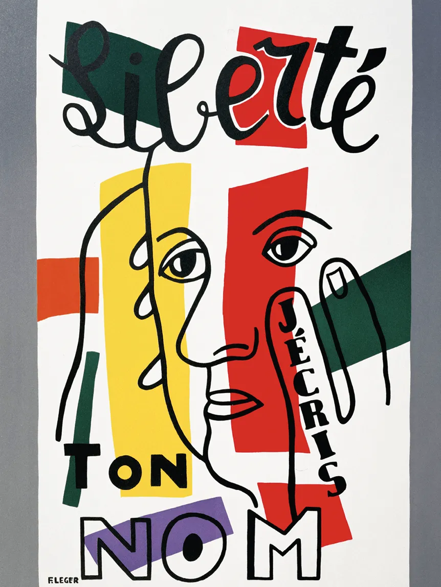 Illustration cubiste de Fernand Léger pour le poème &quotLiberté" de Paul Eluard. Deux visages stylisés, formes géométriques colorées, texte &quotLiberté" et &quotJ'écris ton nom".