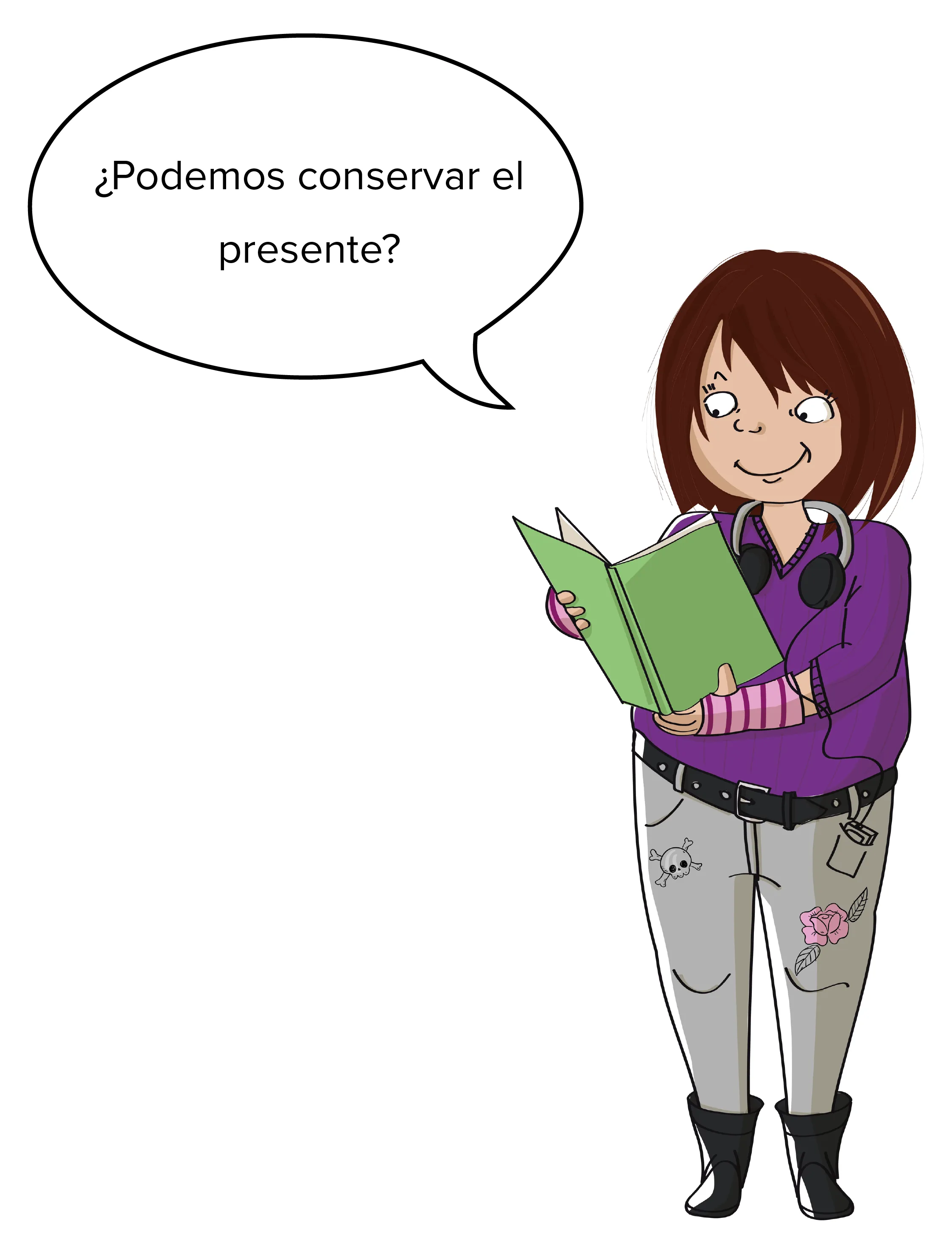 Illustration : jeune fille lisant un livre vert, se demandant si on peut préserver le présent.