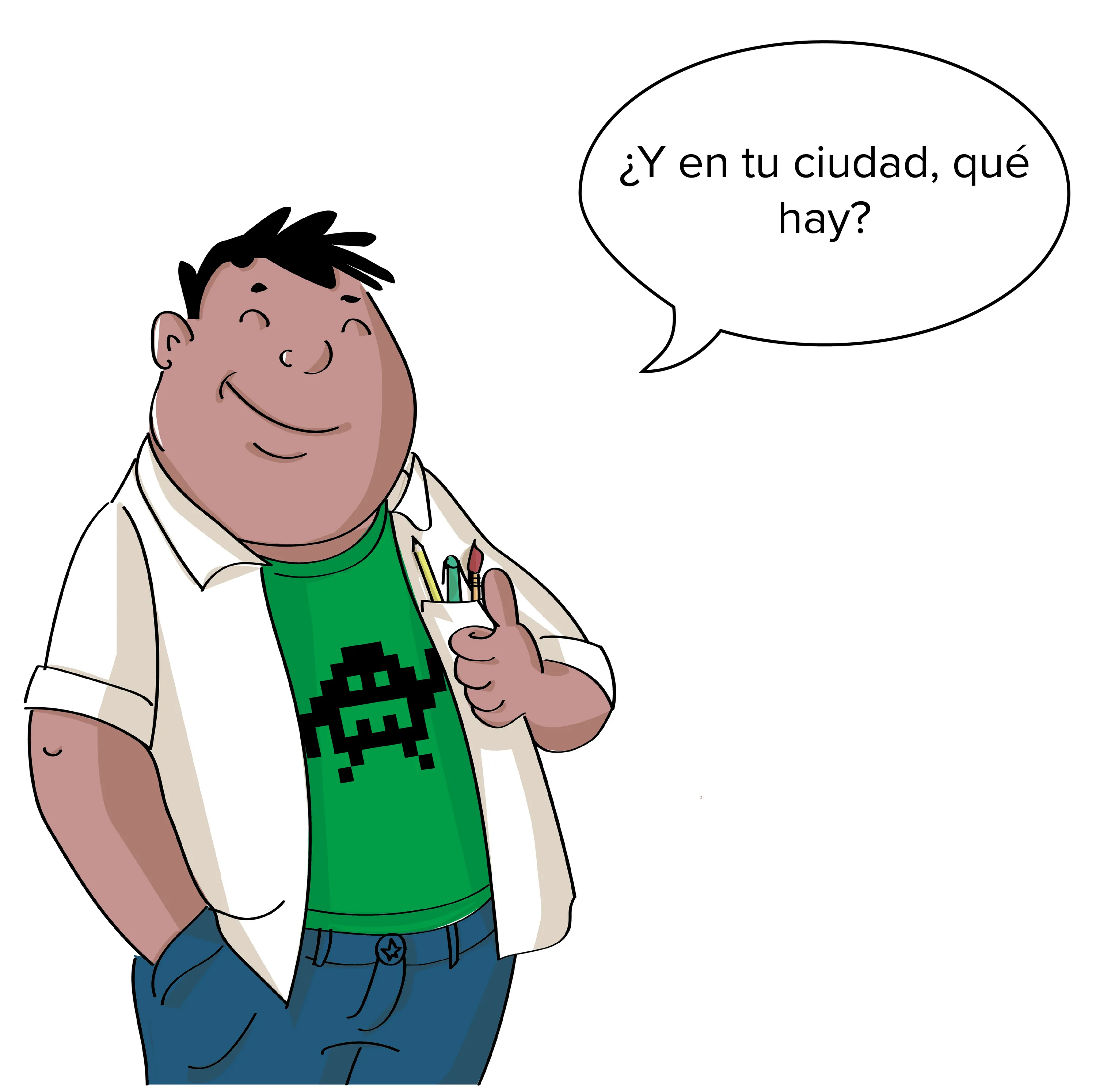 Dessin animé : jeune homme souriant, pouce levé, question sur sa ville.