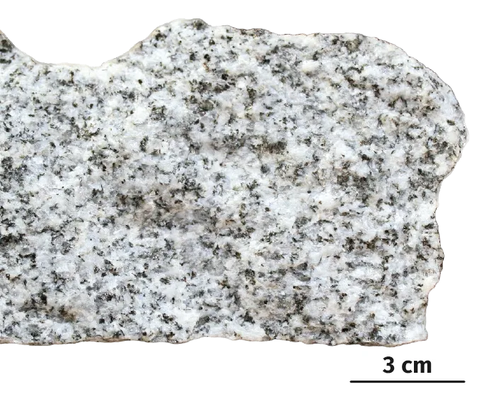 Observation à l'oeil nu d'un granite et de ses différents minéraux.
Q : quartz ; FelP : feldspath plagioclase ;
B : biotite.