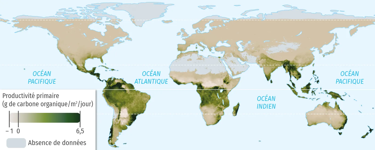 Cartes de la productivité primaire mondiale sur les continents en décembre 2016.