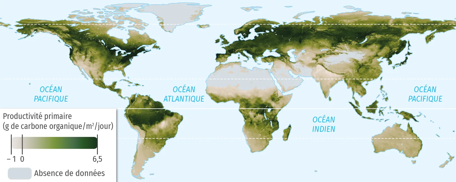 Cartes de la productivité primaire mondiale sur les continents en juin 2016.