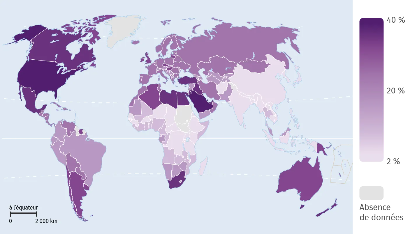 Proportion de la population ayant
un IMC supérieur à 30 en 2016.