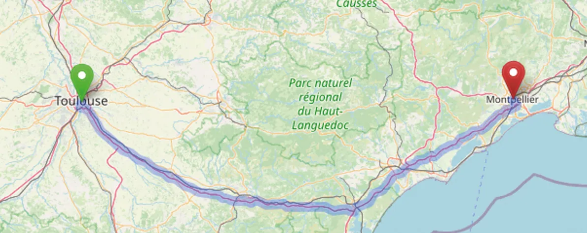 Distance entre Toulouse et Montpellier sur OpenStreetMap