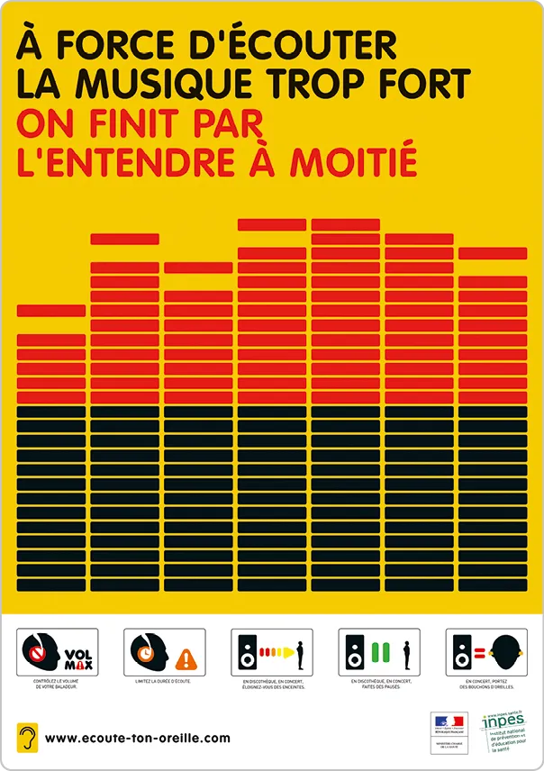 Affiche de prévention sur les risques auditifs liés à l'écoute de musique