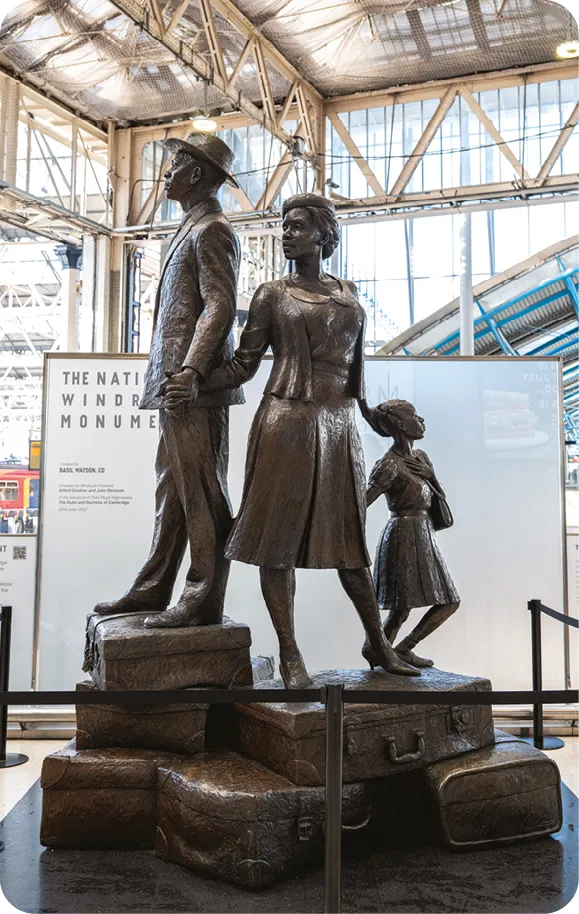 The National Windrush monument by Basil Watson at Waterloo station, 2024.