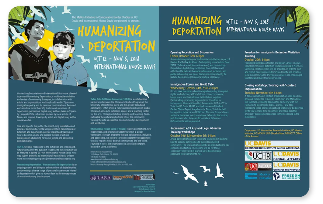 Festival brochure showing two people with the text 'Humanizing Deportation' and event details.