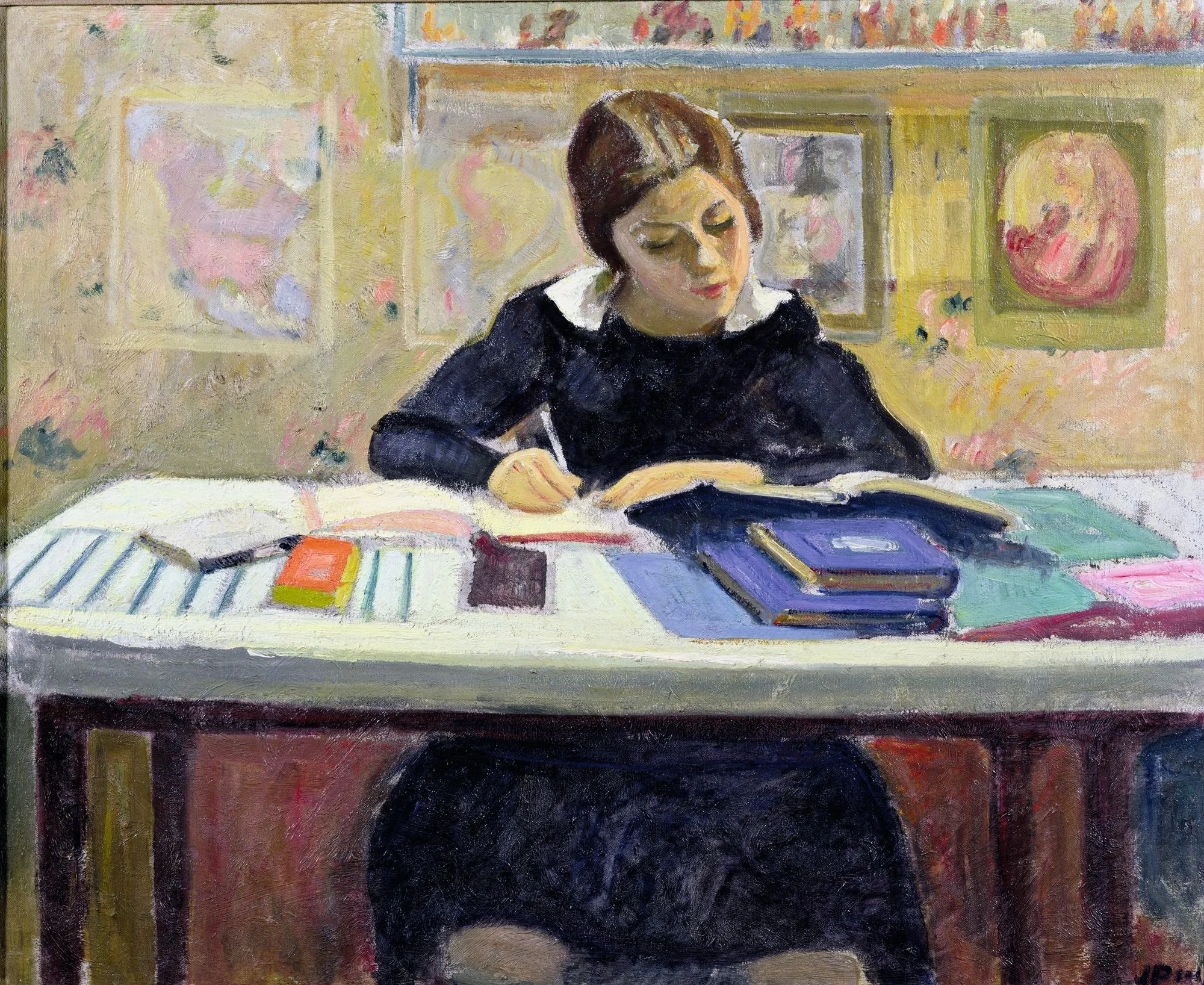 Peinture à l'huile, une écolière est assise à une table, écrivant dans un cahier. Livres et autres objets sur la table. Style impressionniste.