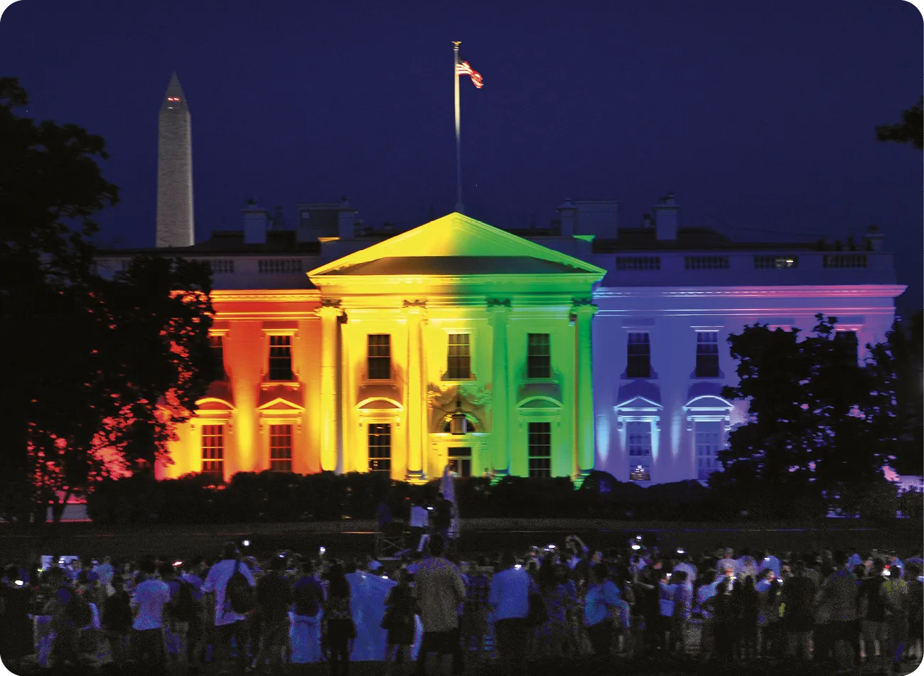 The White House lit in multi-colored lights to honor the Supreme Court decision to allow gay marriage, 2015.
