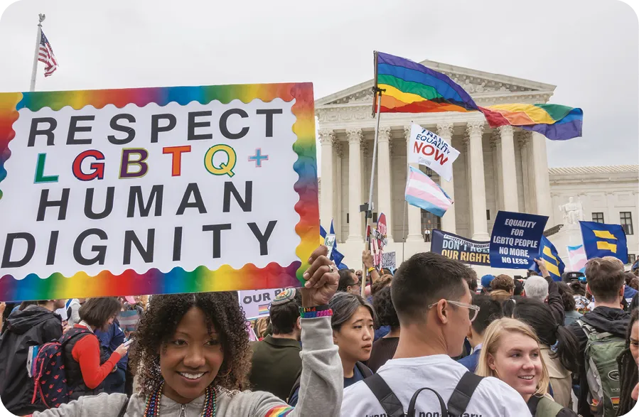 WASHINGTON, DC - OCT. 8, 2019: Rally for LGBTQ rights outside Supreme Court as Justices hear oral arguments in three cases dealing with discrimination in the workplace because of sexual orientation.