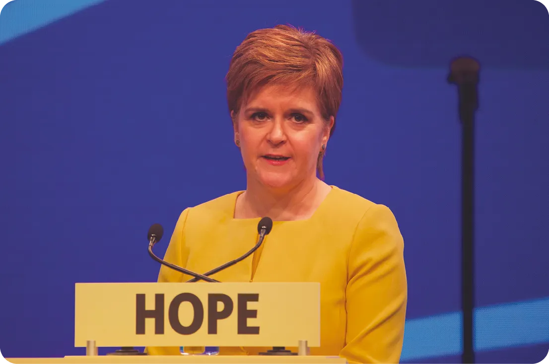 Nicola Sturgeon speaking on climate change at the Scottish National Party conference, 2019.
