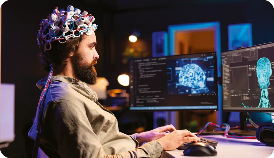 Person with brain mapping technology