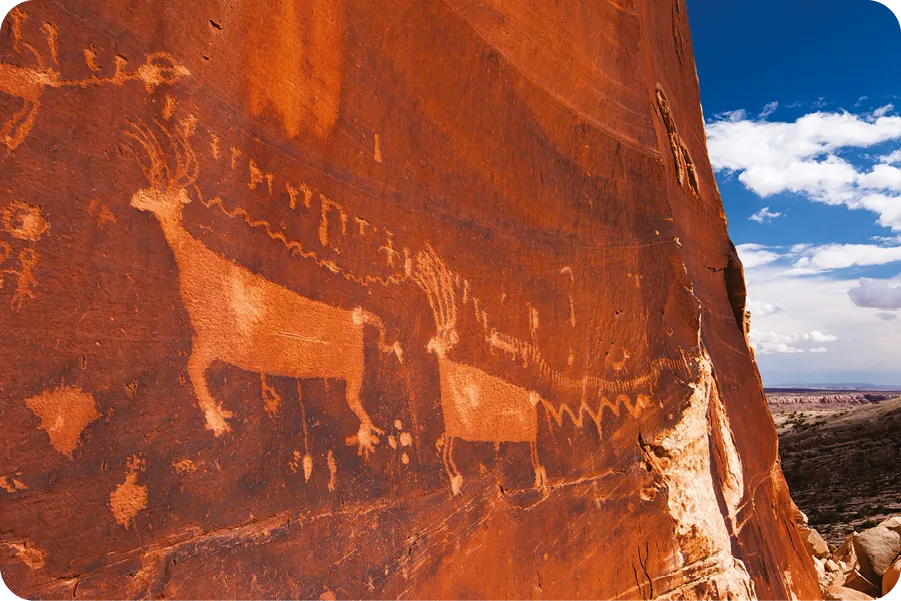 Native American petroglyphs in Comb Ridge, Bears Ears National Monument, Utah.