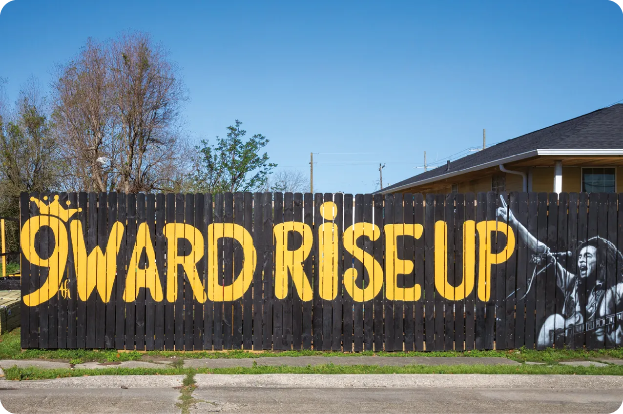 A fence mural in the Ninth Ward, March 2025.