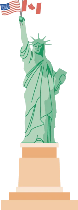 infog de la Statue de la Liberté portant les drapeaux des États-Unis et du Canada