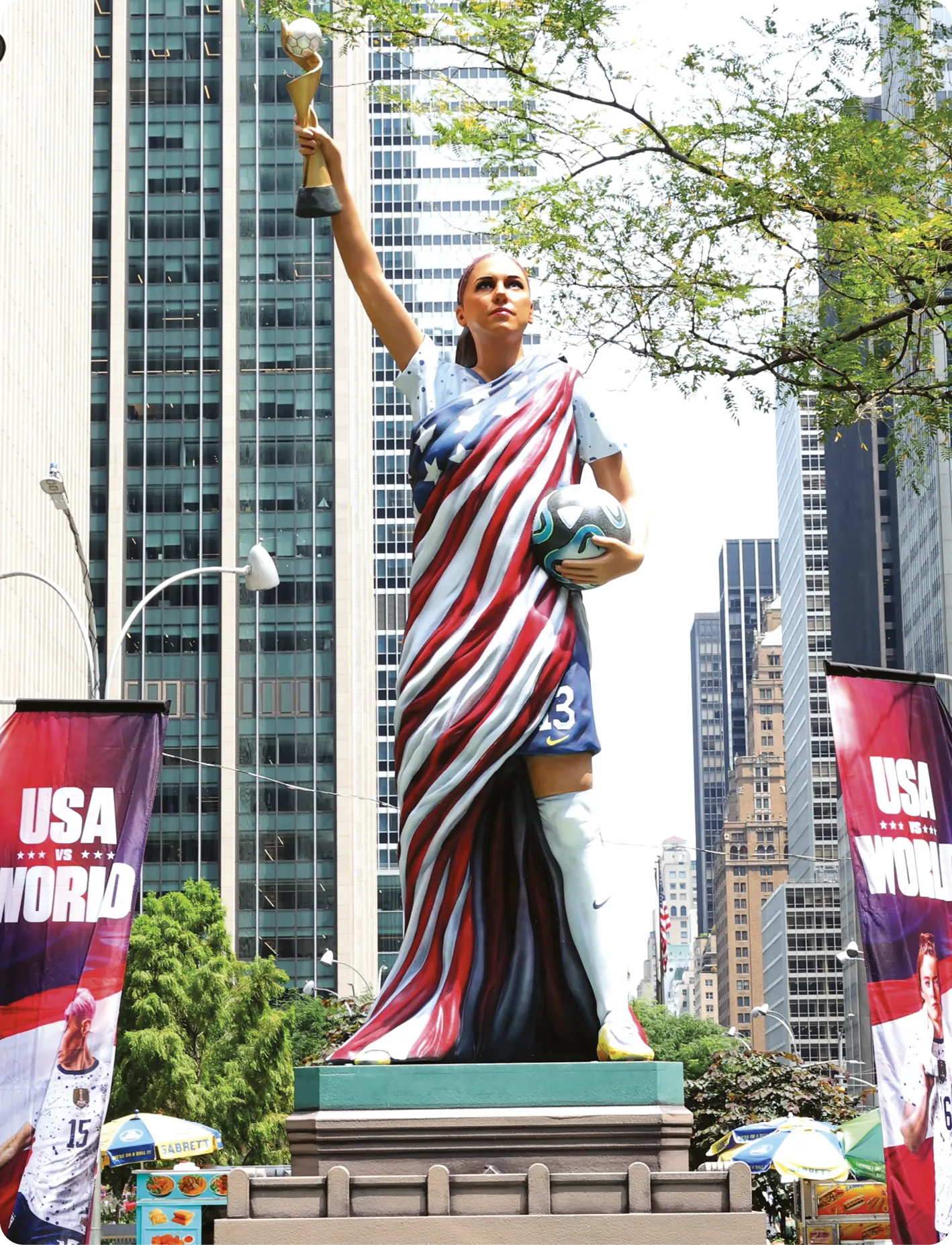 Statue of US soccer player Alex Morgan in Manhattan, 2023.