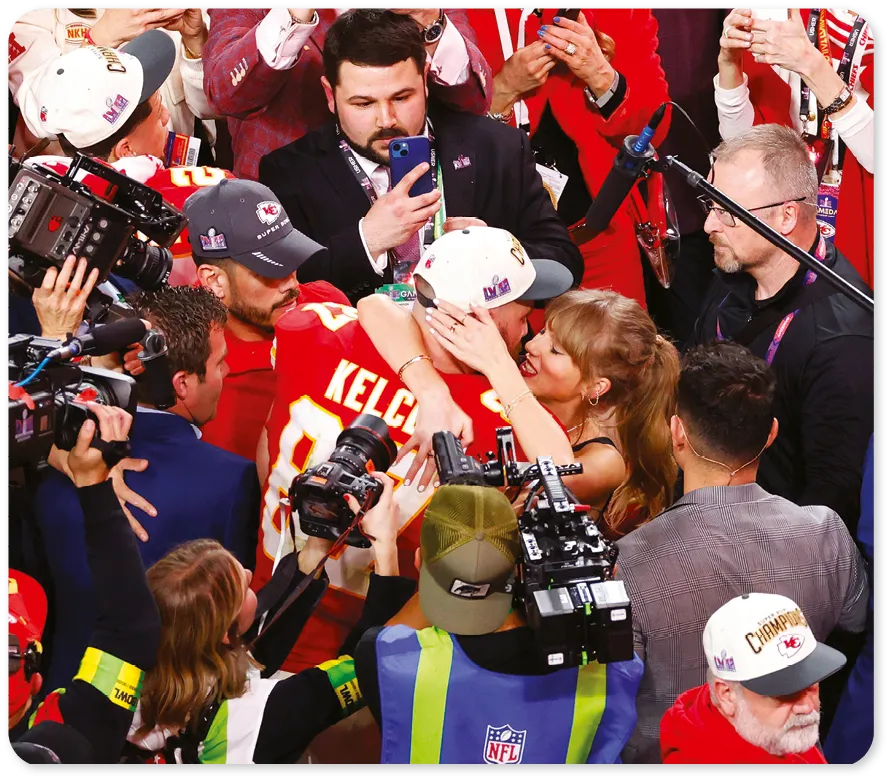 Taylor Swift and Travis Kelce celebrate the Kansas City Chiefs' Super Bowl win, Las Vegas, 2024.