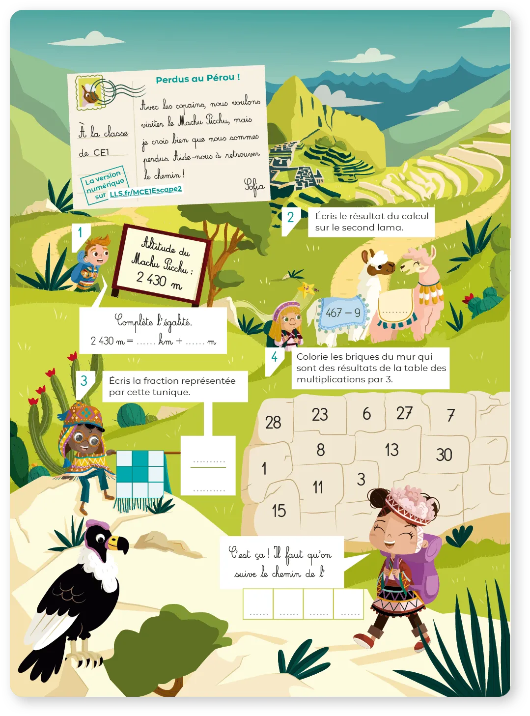 Illustration colorée du Pérou montrant le Machu Picchu en arrière-plan avec des montagnes, et quatre exercices mathématiques disposés dans le paysage : calcul d'altitude (2 430 m), fraction représentée par une tunique, calcul 467-9 sur un lama, et coloriages de briques du mur selon les résultats de la table de multiplication par 3. Personnages d'enfants et animaux (toucan, lama) dans un décor de montagnes vertes et terrasses agricoles.