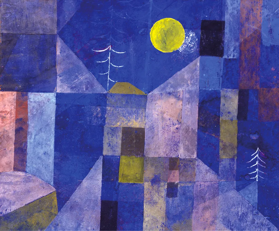 Peinture de Paul Klee, Clair de lune, représentant un paysage nocturne abstrait aux couleurs bleues et jaunes, avec des formes géométriques évoquant des maisons et des arbres sous une grande lune.