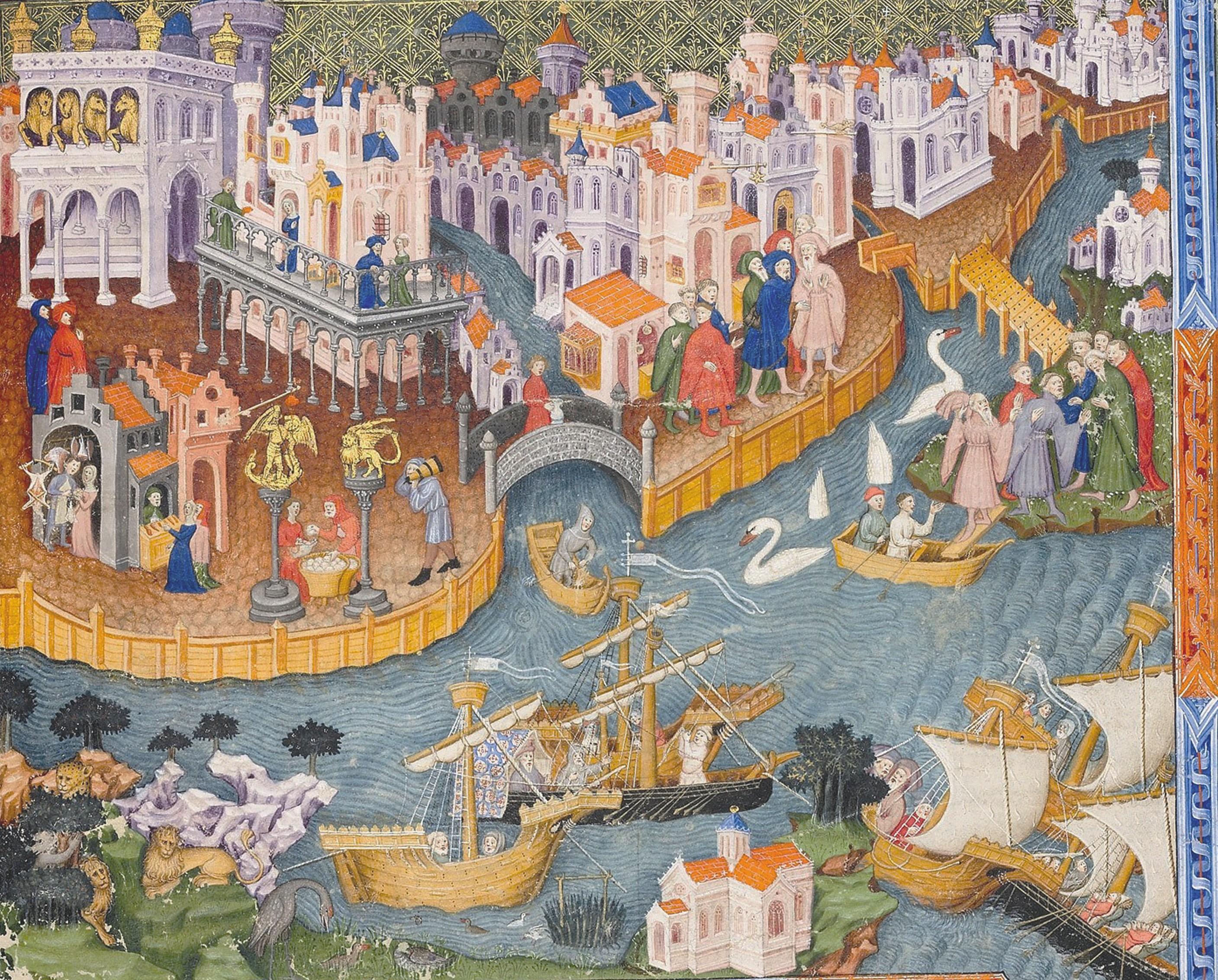 Marco Polo quittant Venise, enluminure dans un manuscrit du Devisement du monde de Marco Polo, 1338-1344, Bodleian Library, Oxford