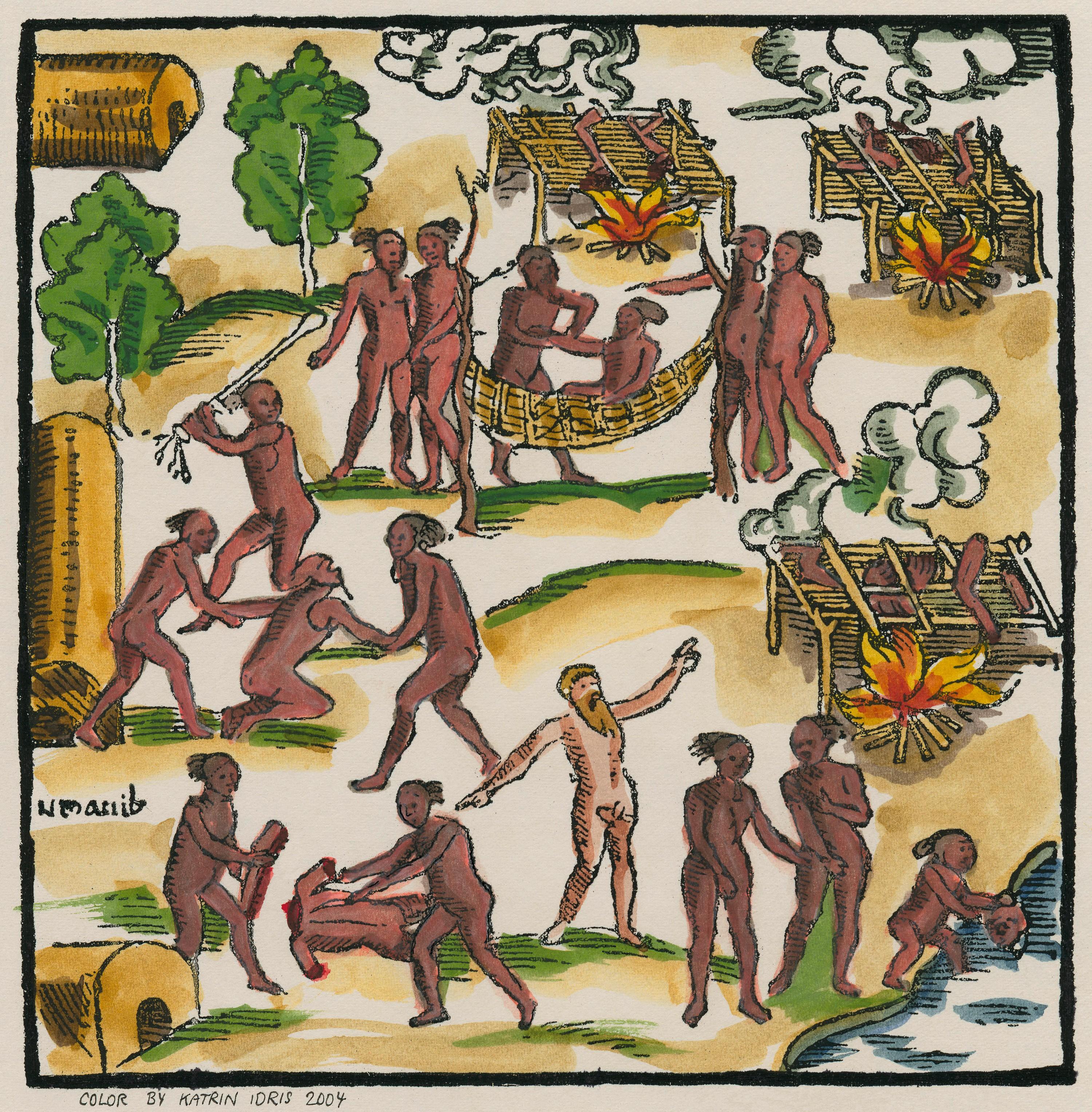 Cannibales au travail, gravure sur bois (coloriée plus tard) illustrant Hans Staden, Histoire vraie d'un pays de sauvages, 1556