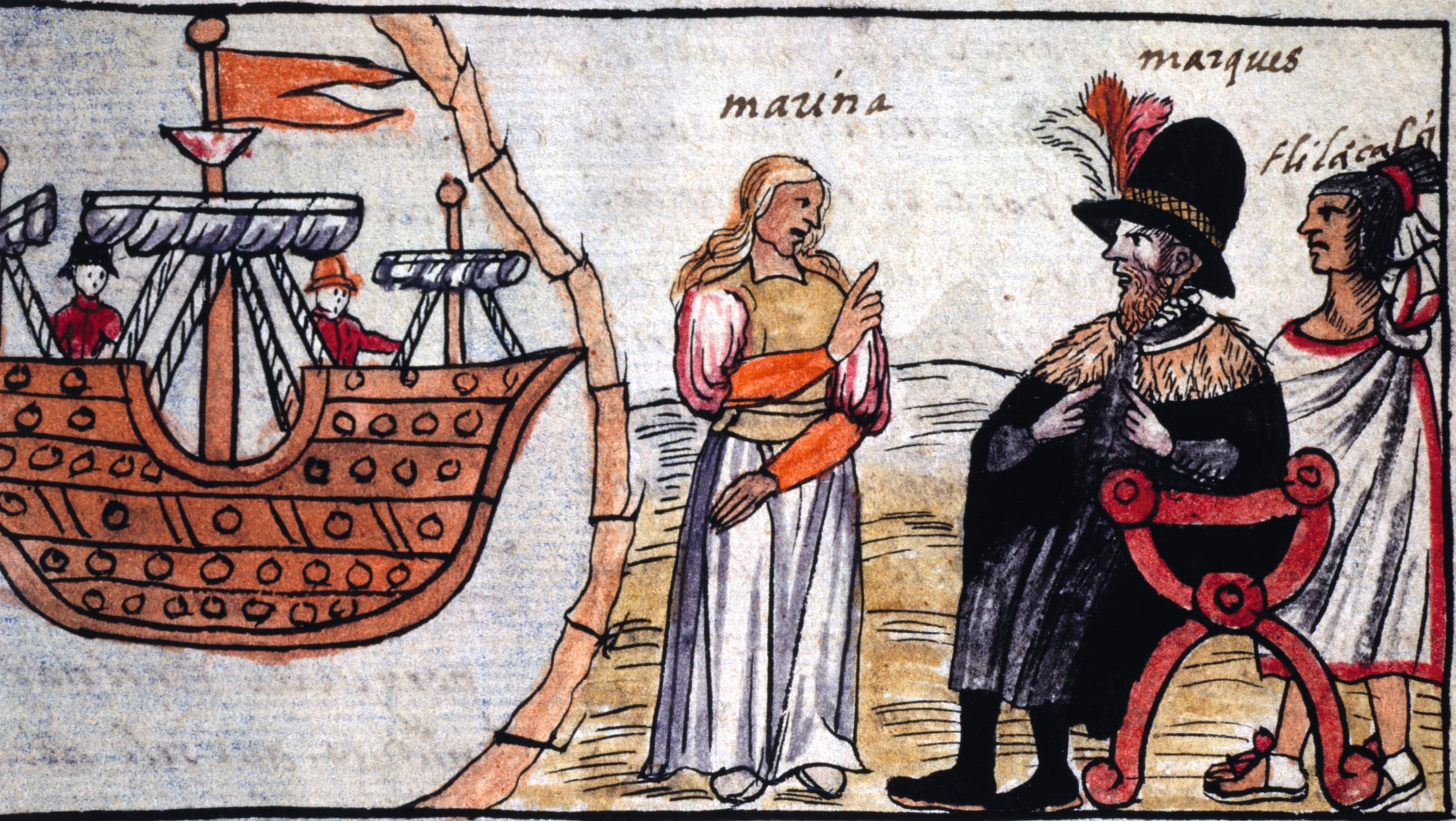 La Malinche (Marina) traduit à Cortès ce que lui dit l’émissaire de Moctezuma, Codex Duràn, 1581, gravure, 55,9 x 31,5 cm, Biblioteca National, Madrid