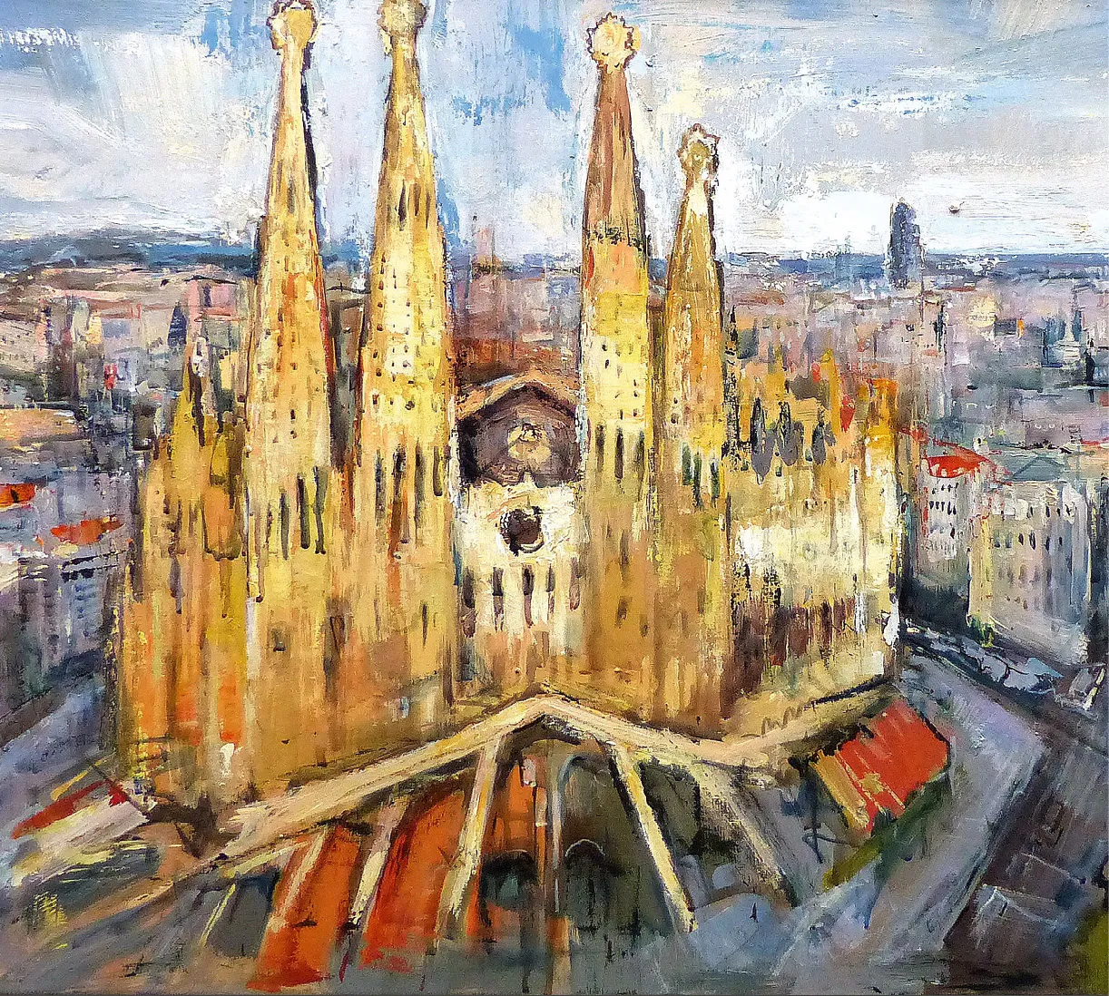 Peinture impressionniste de la Sagrada Familia à Barcelone, vue aérienne. Couleurs chaudes, style dynamique.