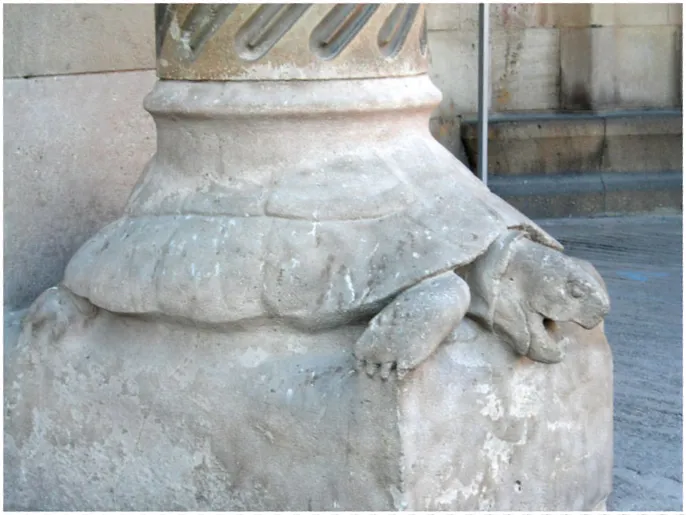 Sculpture pierre: tortue ornant colonne Porte Caridad.