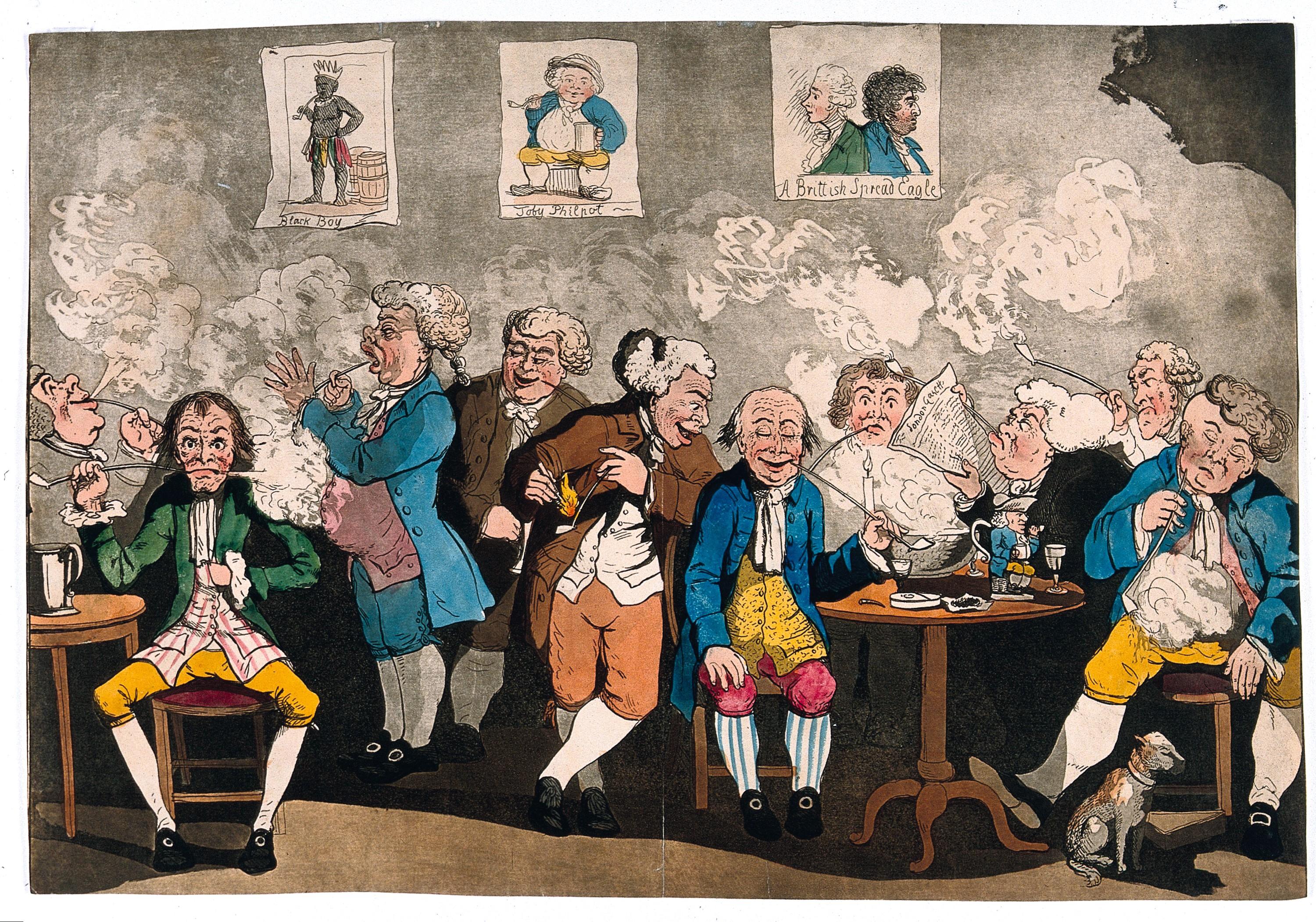Anonyme, d’après G. M. Woodward, Un club de gentlemen anglais fumant et lisant les journaux, v. 1784, gravure à l’eauforte colorée