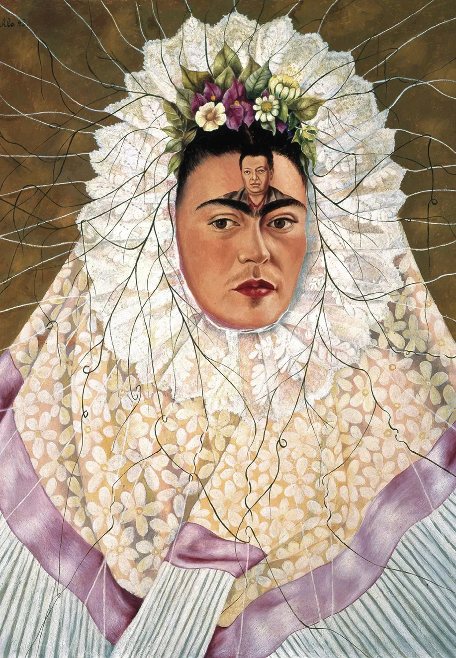 Frida Kahlo, autoportrait en tehuana ou Diego dans mes pensées, 1943, huile sur isorel, collection d'Art moderne mexicain de Jacques et Natasha Gelman, Mexico, Mexique.