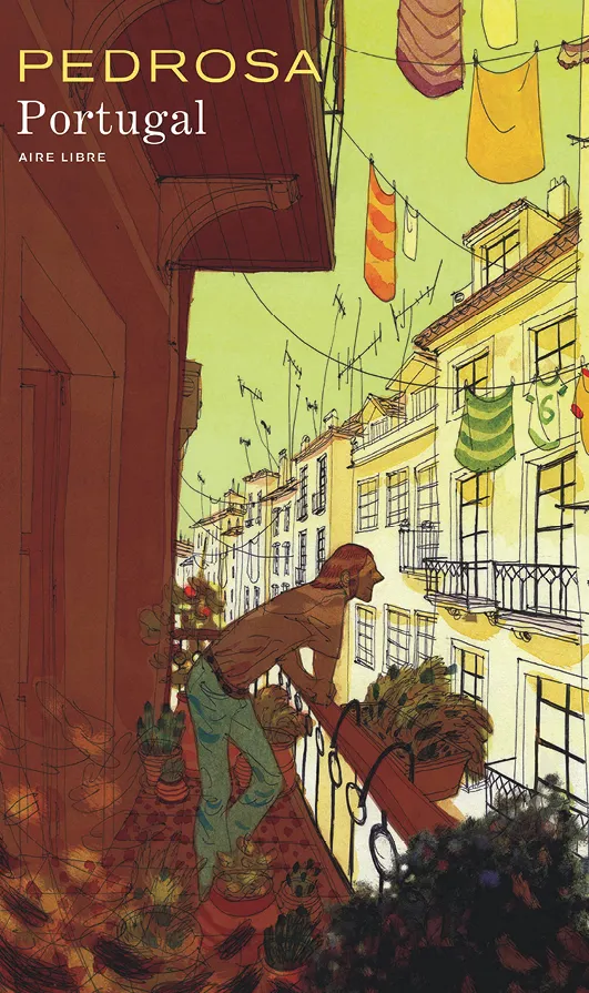 Illustration : une personne sur un balcon fleuri observe une rue animée de Lisbonne, Portugal. Des draps et des vêtements sèchent sur une ligne à linge entre les immeubles.