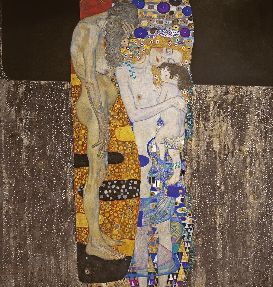 Peinture de Klimt, Les trois âges de la femme, représentant une femme adulte tenant un enfant, une femme âgée à côté. Or et motifs décoratifs.