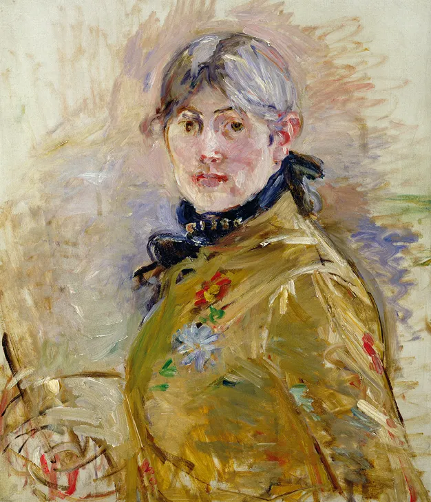 Autoportrait de Berthe Morisot (1885), peinture à l'huile. L'artiste, représentée de près, porte une veste ornée de fleurs.