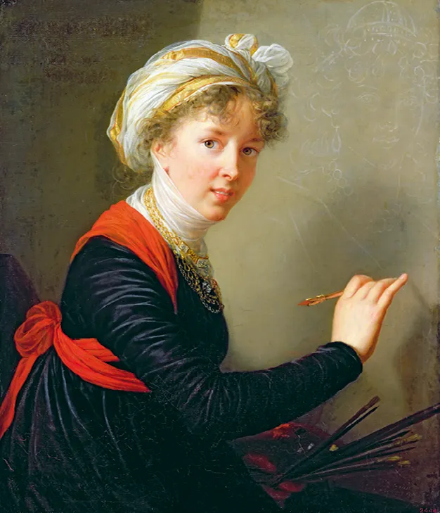 Autoportrait d'Elisabeth Louise Vigée Le Brun, peintre, en 1800. Huile sur toile. L'artiste, coiffée d'un turban, peint devant une toile esquissée.