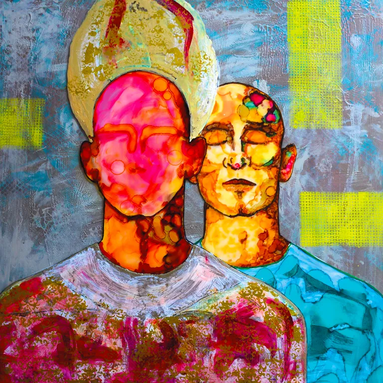 Peinture abstraite de deux personnages aux visages colorés, aux yeux fermés, suggérant une intimité ou une méditation.