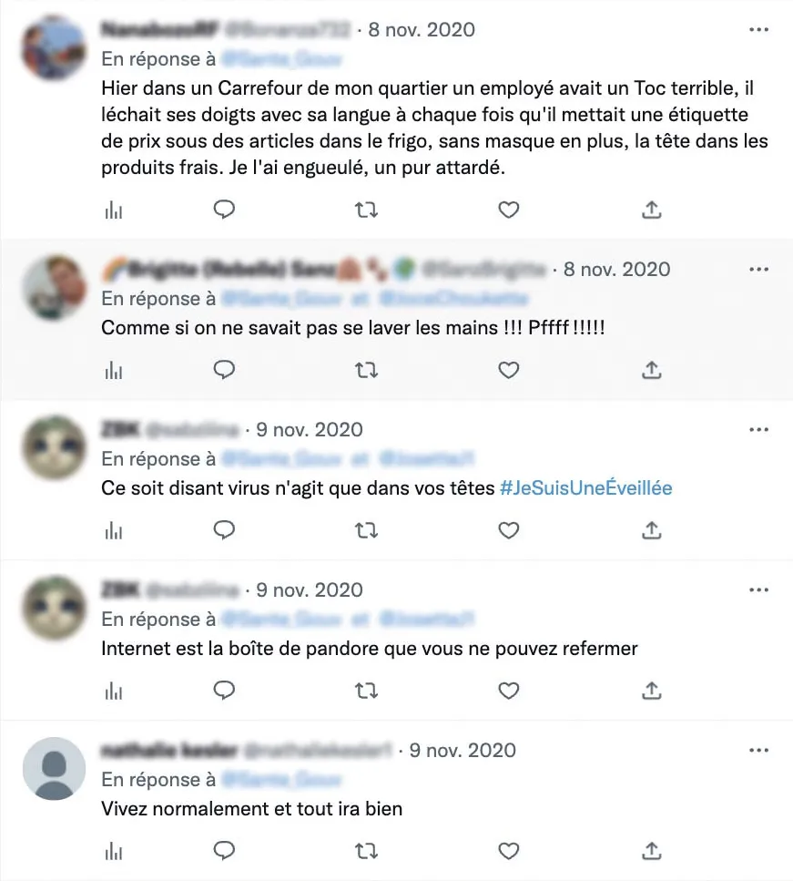 Captures d'écran d'une publication du ministère de la Santé et de la Prévention sur Twitter et de ses commentaires, 8 novembre 2020.