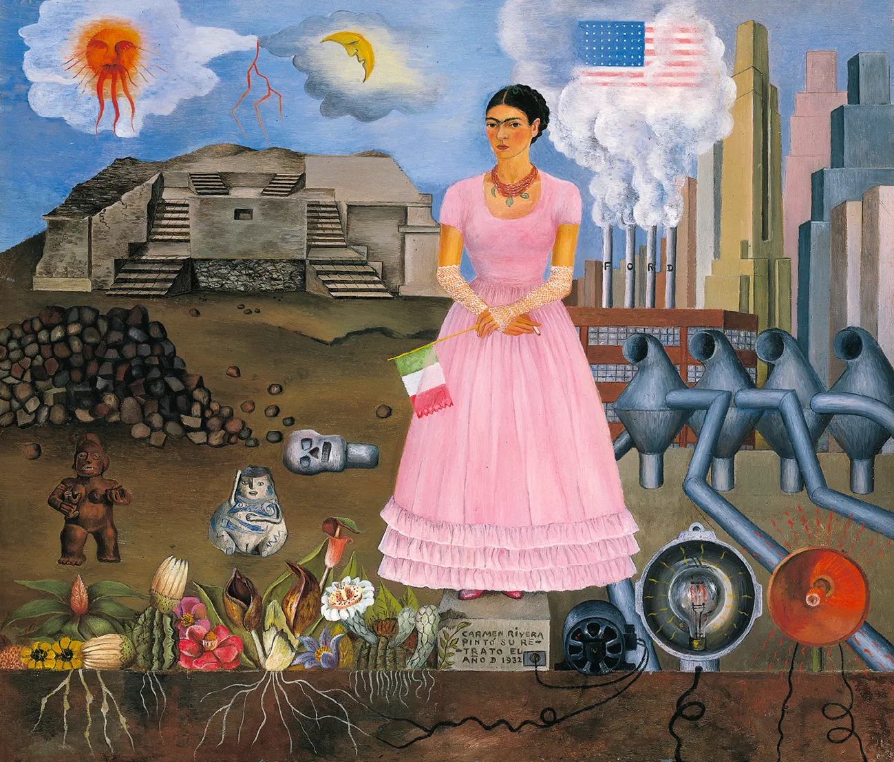 Frida Kahlo, Autoportrait à la frontière entre le Mexique et les États-Unis, 1932, huile sur métal, 31 × 35 cm, collection privée.