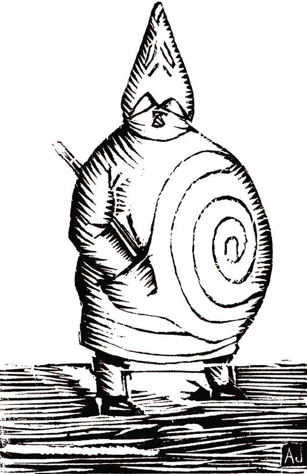 Dessin au trait d'Ubu roi, personnage principal vêtu d'une robe en colimaçon, tenant un bâton. Style expressionniste, 1896.