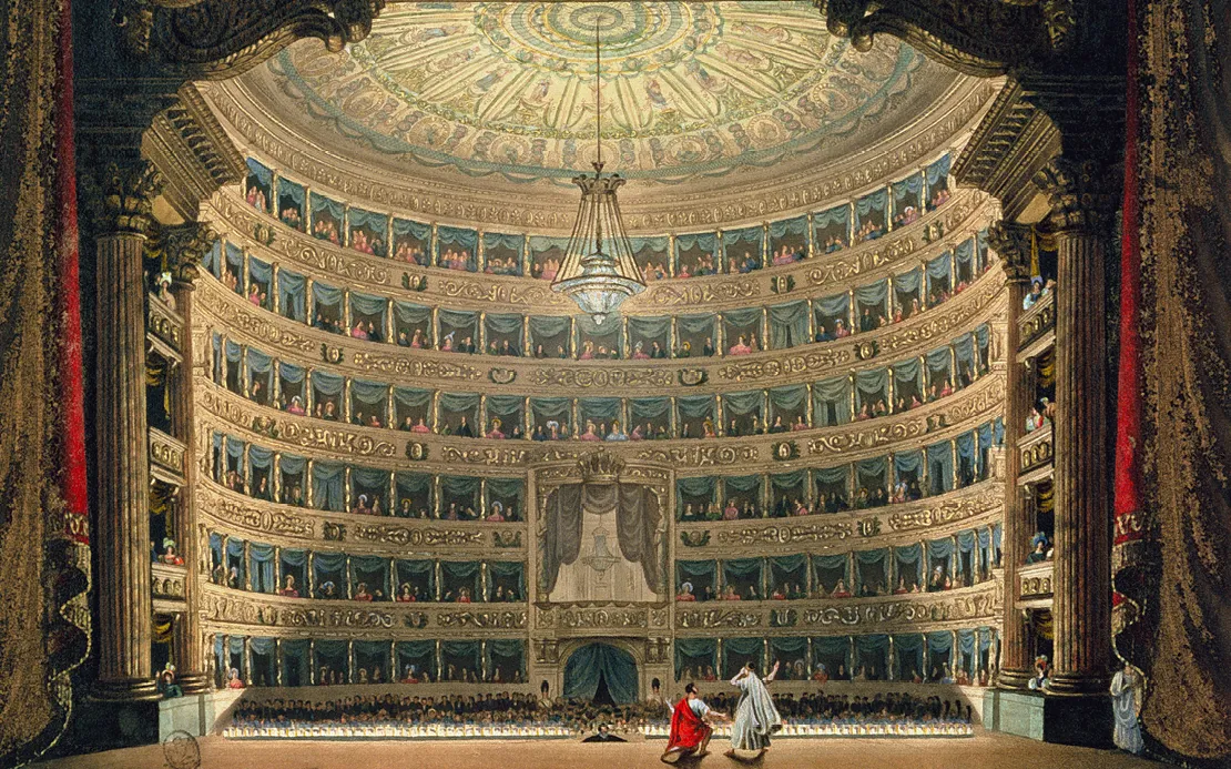 La Scala, Milan, pendant une représentation, 19e siècle, aquarelle sur papier, bibliothèque de l'opéra Garnier, Paris, France.