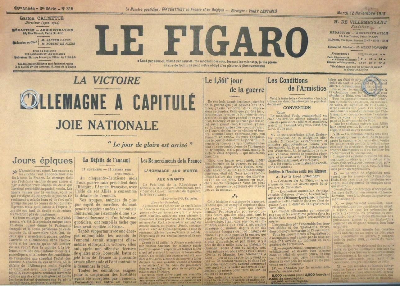 Une du quotidien Le Figaro 12/11/1918
