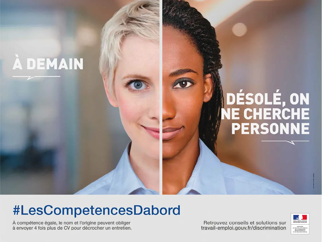 Campagne d'affichage contre les discriminations à l'embauche liées à l'origine, lancée par le gouvernement en avril 2016.